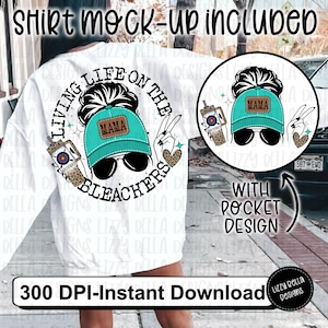 May include: A white sweatshirt with a graphic design of a woman with a bun in her hair wearing a turquoise baseball cap with the word "Mama" on it. The graphic also includes a drink with a straw and the text "Living Life on the Bleachers".
