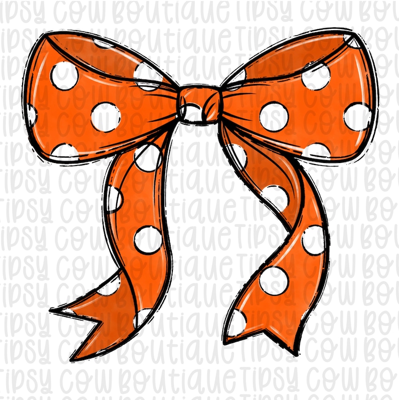 May include: Orange bow with white polka dots. The bow is tied in a knot and the ends are curled.