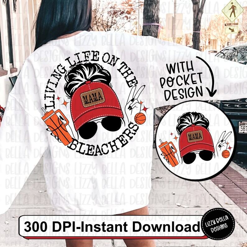 May include: White sweatshirt with a graphic design featuring a woman wearing sunglasses and a red cap with the word "MAMA". The design includes the text "LIVING LIFE ON THE BLEACHERS" and a basketball. The sweatshirt has a pocket design.