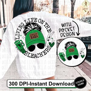 May include: White sweatshirt with a graphic design featuring a woman wearing a green hat with the text "Wrestling Mama". The design includes sunglasses, a drink, and the words "Living Life on the Bleachers". Includes a pocket design.