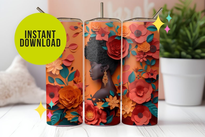3D Black Woman tumbler wrap African American Skinny Tumbler Wrap Png Tumbler Sublimation Afro Queen Melanin, Pretty, Affrimation, colorful image 2