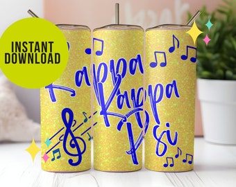 Kappa Kappa Psi, Tumbler Wrap, Glitter, Music Notes, Wording, Faternity, Sublimation, 20oz, Gift, Band, Blue, Yellow, Music, greek letters