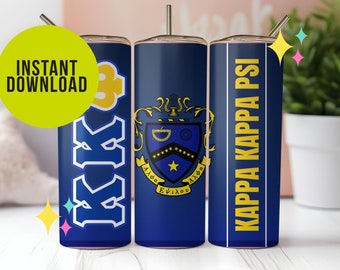 Kappa Kappa Psi, Tumbler Wrap, Faternity, Sublimation, Skinny 20oz, Gift, Band, Blue, Yellow, Music, greek letters, kappa, shield, 1919, d9