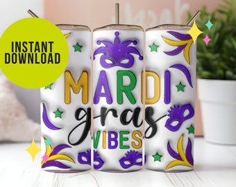 Inflated, Puffy, Mardi Gras, Tumbler Wrap, 3D, New Orleans, NOLA, green, yelllow, purple, festive, mask, Sublimation, colorful, gift
