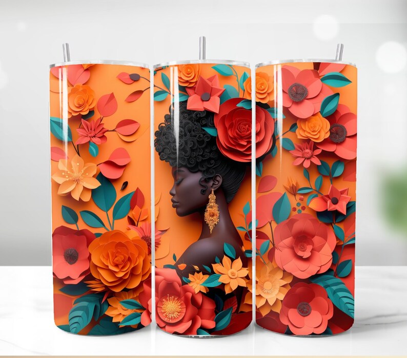 3D Black Woman tumbler wrap African American Skinny Tumbler Wrap Png Tumbler Sublimation Afro Queen Melanin, Pretty, Affrimation, colorful image 1