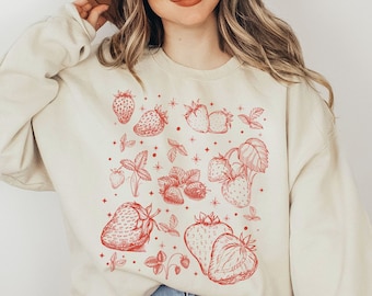 Cute Strawberry Sweatshirt, Cottagecore Clothing, Botanical Crewneck, Aesthetic Berry Sweater, Strawberry Garden Pullover, Gardening Gifts