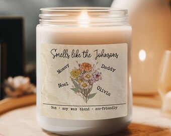 Family Birth Month Flower Bouquet Custom Candle, Gift for a Mom, Personalized Soy Candle, Cute Housewarming Gift,  New Home Gift Moving Away