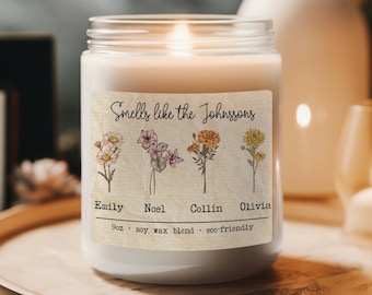 Family Birth Month Flower Bouquet Custom Candle, Gift for a Mom, Personalized Soy Candle, Cute Housewarming Gift,  New Home Gift Moving Away