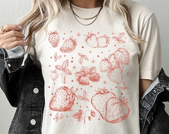Cute Strawberry Shirt, Cottagecore Clothing, Botanical T-shirt, Aesthetic Berry Tee, Strawberry Garden Tee, Gardening Gifts