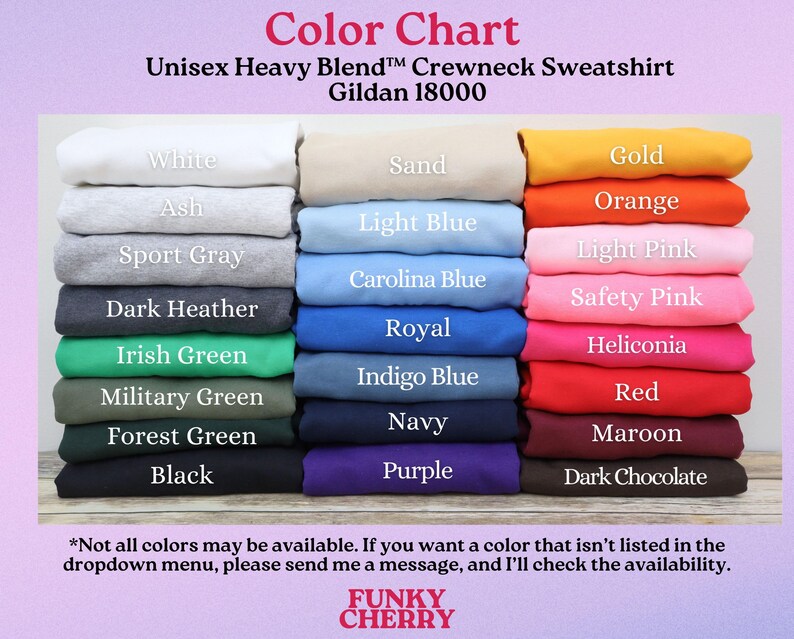 Puede incluir: Carta de colores que muestra los colores disponibles para una sudadera con cuello redondo unisex Gildan 18000. Los colores incluyen blanco, ceniza, gris deportivo, gris oscuro, verde irland&eacute;s, verde militar, verde bosque, negro, arena, azul claro, azul Carolina, azul real, azul &iacute;ndigo, azul marino, morado, dorado, naranja, rosa claro, rosa seguridad, heliconia, rojo, marr&oacute;n y chocolate oscuro.