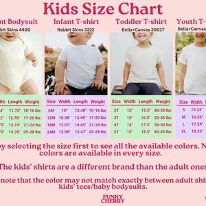 Peut inclure: Un tableau des tailles pour enfants rose, avec des mesures de taille, de largeur, de longueur et de poids pour les bodies, les t-shirts pour b&eacute;b&eacute;s, les t-shirts pour tout-petits et les t-shirts pour jeunes. Le tableau comprend des tailles de 6 mois &agrave; XL.