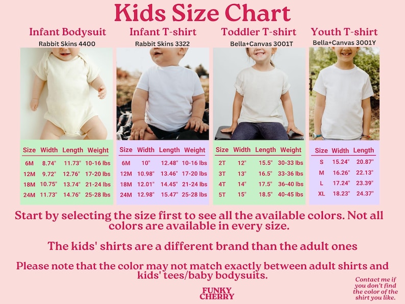 Peut inclure: Un tableau des tailles pour enfants rose, avec des mesures de taille, de largeur, de longueur et de poids pour les bodies, les t-shirts pour b&eacute;b&eacute;s, les t-shirts pour tout-petits et les t-shirts pour jeunes. Le tableau comprend des tailles de 6 mois &agrave; XL.