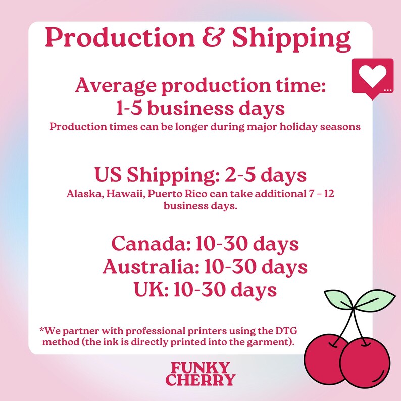 Puede incluir: Gr&aacute;fico rosa y blanco con el texto "Producci&oacute;n y env&iacute;o" e informaci&oacute;n sobre los tiempos de producci&oacute;n y env&iacute;o. El texto "FUNKY CHERRY" est&aacute; en la parte inferior del gr&aacute;fico.