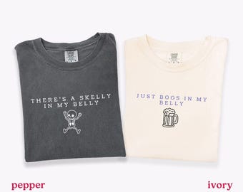 Halloween Pregnancy Announcement Shirt, Matchinhg Fall Baby Reveal Comfort Colors Tee, There's a Skelly In My Belly Tee, Funny Pregnancy Tee