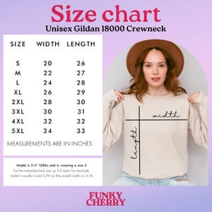 May include: Size chart for a unisex Gildan 18000 crewneck sweatshirt. The chart shows the width and length measurements in inches for sizes S through 5XL. The model is wearing a size S.
