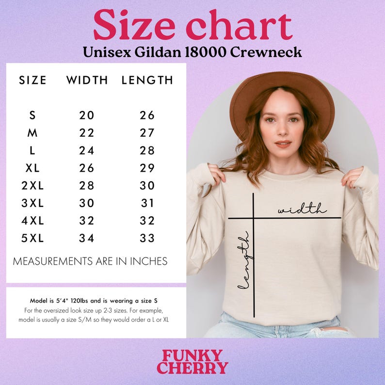 May include: Size chart for a unisex Gildan 18000 crewneck sweatshirt. The chart shows the width and length measurements in inches for sizes S through 5XL. The model is wearing a size S.