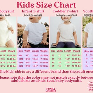 Puede incluir: Una tabla de tallas de ropa infantil, con medidas en pulgadas y libras. Incluye tallas para bodies, camisetas y camisas para ni&ntilde;os, especificando ancho, largo y peso. El texto tambi&eacute;n menciona que las camisetas para ni&ntilde;os son de una marca diferente.