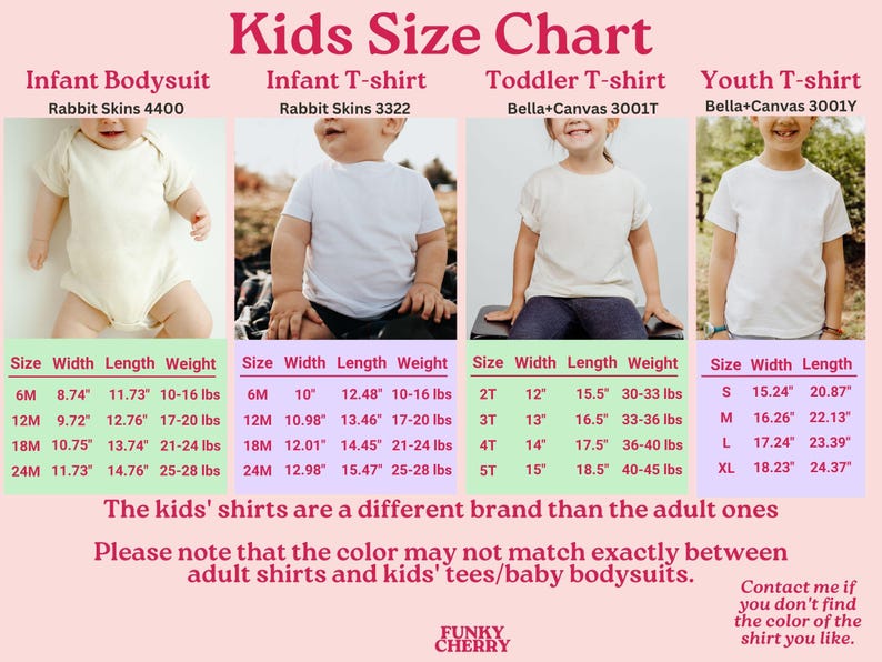 Puede incluir: Una tabla de tallas de ropa infantil, con medidas en pulgadas y libras. Incluye tallas para bodies, camisetas y camisas para ni&ntilde;os, especificando ancho, largo y peso. El texto tambi&eacute;n menciona que las camisetas para ni&ntilde;os son de una marca diferente.