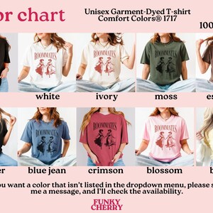 May include: Colour chart displaying 10 different colours of unisex garment-dyed t-shirts. The t-shirts feature a graphic print of two people dancing with the word "ROOMMATES" above them. The colours are black, white, ivory, moss, espresso, pepper, blue jean, crimson, blossom, and banana.