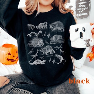 May include: Black sweatshirt featuring a white graphic print of various animals, including a raccoon, opossum, and porcupine. The text "When we're together, darling, every night is Halloween" is visible in the background.