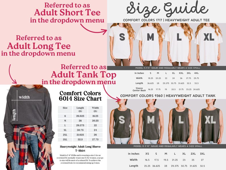 Peut inclure: Guide des tailles pour les t-shirts et d&eacute;bardeurs adultes Comfort Colors. Comprend des mesures en centim&egrave;tres pour diff&eacute;rentes tailles de manches courtes, longues et d&eacute;bardeurs. Des mod&egrave;les sont pr&eacute;sent&eacute;s.