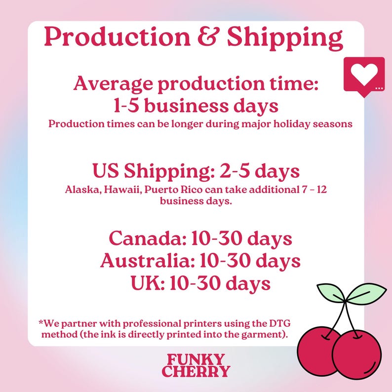 May include: Pink and white graphic with the text "Production & Shipping" and information about production and shipping times. The text "FUNKY CHERRY" is at the bottom of the graphic.