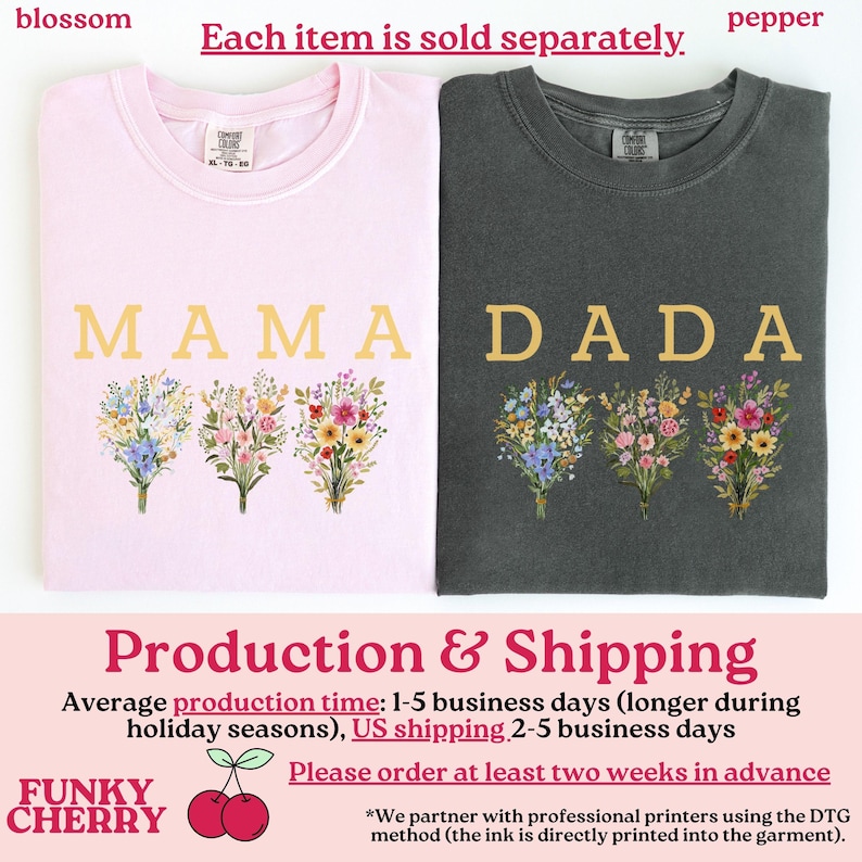 May include: Two t-shirts, one light pink and one dark gray, each with a floral bouquet design. The light pink shirt says "MAMA" in gold letters, and the dark gray shirt says "DADA".