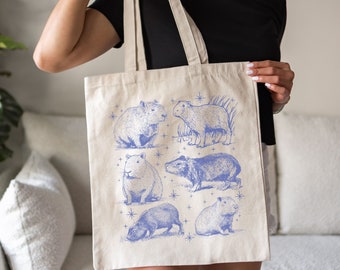 Capybara Tote Bag, Weirdcore Gifts, Cottagecore Tote, Capybara Gifts, Vintage Light Academia Tote, Animal Lover Tote, Library Tote Bag