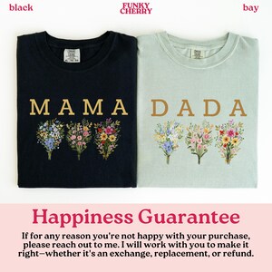 May include: Two t-shirts, one black and one bay-colored, each with a floral bouquet design. The black shirt says "MAMA" in gold lettering, and the bay shirt says "DADA". The Funky Cherry logo is at the top.