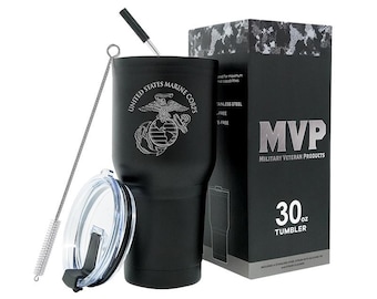 May include: Black 30 ounce stainless steel tumbler with a lid, straw, and cleaning brush. The tumbler features an engraved United States Marine Corps logo. The box reads "MVP Military Veteran Products".