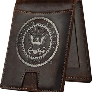 Cartera azul marino: tarjetero plegable con bloqueo RFID de cuero genuino Crazy Horse marrón y clip para billetes