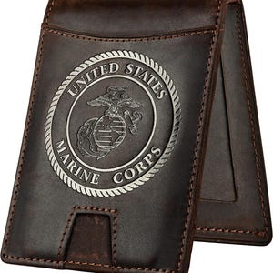 USMC - Billetera plegable de cuero marrón genuino con bloqueo RFID - Tarjetero con clip para billetes - Regalo del Cuerpo de Marines