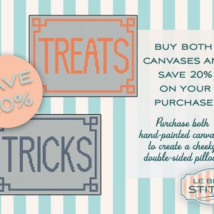 TRICKS or TREATS Halloween hand-painted needlepoint canvases for double-sided accessory pillow, two 8 by 6 inch, 13 mesh