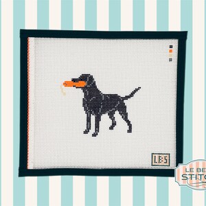 Puede incluir: Lienzo de punto de aguja con un Labrador Retriever negro sosteniendo un juguete naranja. El perro est&aacute; cosido sobre lienzo blanco, enmarcado por un borde verde oscuro con acentos naranjas. El dise&ntilde;o incluye el texto "LBS" y "LE BEAU STITCH".