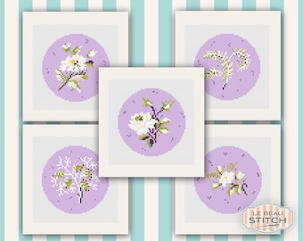 Cabinet de la Méridienne Floral Needlepoint Canvas Ornament, in lilac and green hues, 13 mesh, 3.9 inches by 3.9 inches