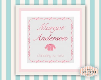 Pink Ribbon Border Birth Announcement Cross stitch Pattern, Personalized Baby Gift