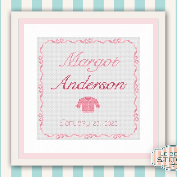 Pink Ribbon Border Birth Announcement Cross stitch Pattern, Personalized Baby Gift