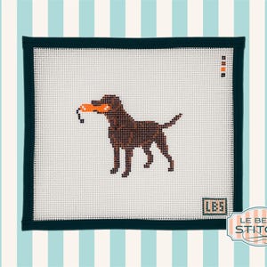 Puede incluir: Un lienzo de punto de aguja con un perro marr&oacute;n sosteniendo un juguete naranja en la boca. El perro est&aacute; cosido sobre un fondo blanco con un borde verde oscuro. El fondo es un patr&oacute;n de rayas azul claro y blanco. El texto "LBS" y "LE BEAU STITCH".