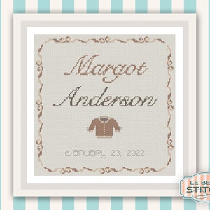 Gender Neutral Ribbon Border Birth Announcement Cross Stitch PDF Pattern