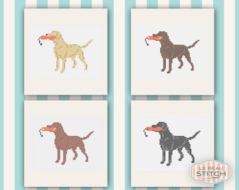 Labrador Retriever Dog and Bumper Needlepoint Canvas, Black, Chocolate, Yellow and Red, 13 mesh, 4.4 inches by 3.4 inches