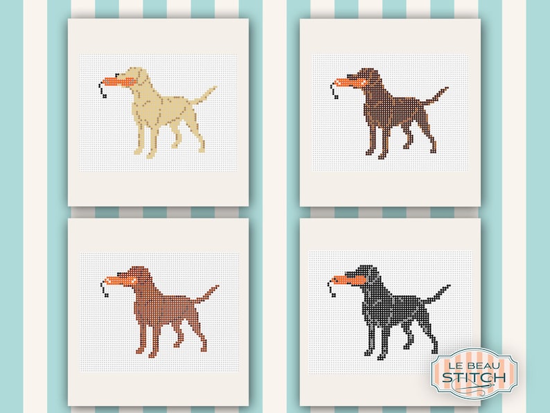 Puede incluir: Cuatro retratos de perros en punto de cruz enmarcados. Cada perro es de un color diferente: beige, marr&oacute;n, marr&oacute;n rojizo y negro. Cada perro sostiene un juguete naranja en la boca. El logotipo de Le Beau Stitch est&aacute; en la esquina inferior derecha.