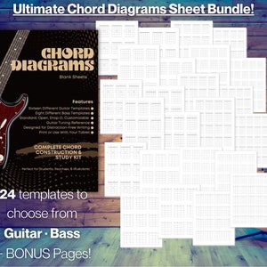 Könnte beinhalten: Ein Bündel leerer Akkorddiagrammblätter für Gitarre und Bass. Das Bundle enthält 24 Vorlagen mit 16 Gitarrenvorlagen, 8 Bassvorlagen und anpassbaren Stimmungsmöglichkeiten. Der Text auf dem Bild lautet "Ultimate Chord Diagrams Sheet Bundle!"