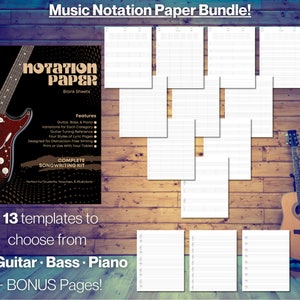 May include: A bundle of 13 printable music notation paper templates for guitar, bass, and piano. The bundle includes a complete songwriting kit with guitar tuning reference, lyric pages, and four styles of lyric pages. The text on the cover reads "Music Notation Paper Bundle!" and "Complete Songwriting Kit".