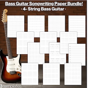 May include: A set of 13 printable bass guitar songwriting paper templates. The templates feature a variety of layouts, including standard staff paper, tab paper, and chord charts.  The text on the image reads "Bass Guitar Songwriting Paper Bundle! • 4-String Bass Guitar • 13 templates"