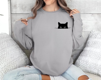 Cute Cat Sweatshirt | Black Cat Peeking Pullover | Women’s Cat Lover Gift | Cozy Mom Sweatshirt | Black Cat Shirt | Gift for Cat Mom
