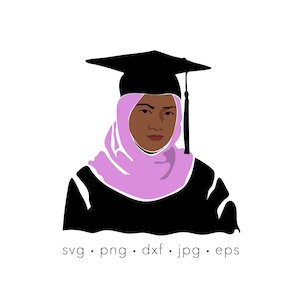 May include: A woman wearing a black graduation cap and gown, with a pink headscarf.