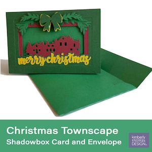 Merry Christmas Townscape Shadowbox Card SVG | Holiday Village 3D Card Template | Layered Papercraft SVG for Cricut & Silhouette