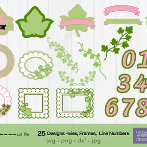 Puede incluir: Un conjunto de 25 elementos de diseño digital que incluyen enredaderas de hiedra, marcos y números de línea rosa del 0 al 9. Los diseños están en un esquema de color verde y rosa.