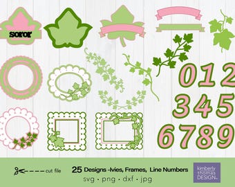 Ivy leaf Bundle SVG, Line number svg,  Ivy leaves svg, Pink and green sorority png, Silhouette file Cricut design, Laser, sublimation