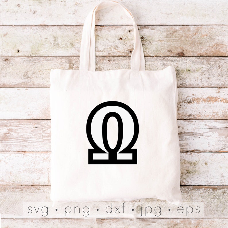 May include: A white tote bag with a black outline of the Greek letter Omega on it.